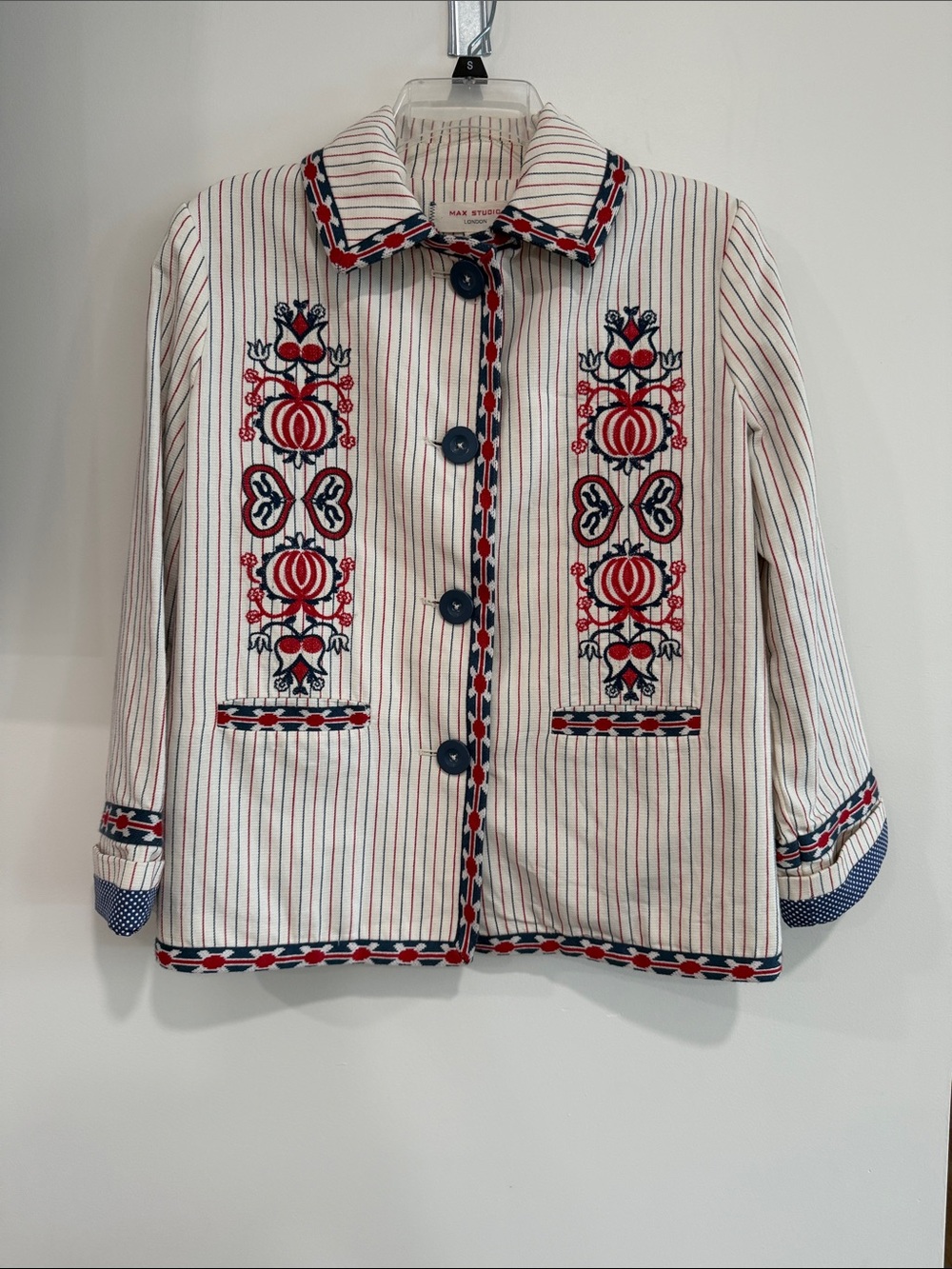 Max Studio White Striped Embroidered Button-Up Blazer with Red & Navy Accents